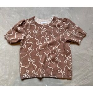 Lauren Conrad Brown Cream Bow Print Short Sleeve Knit Sweater Top Womens Small